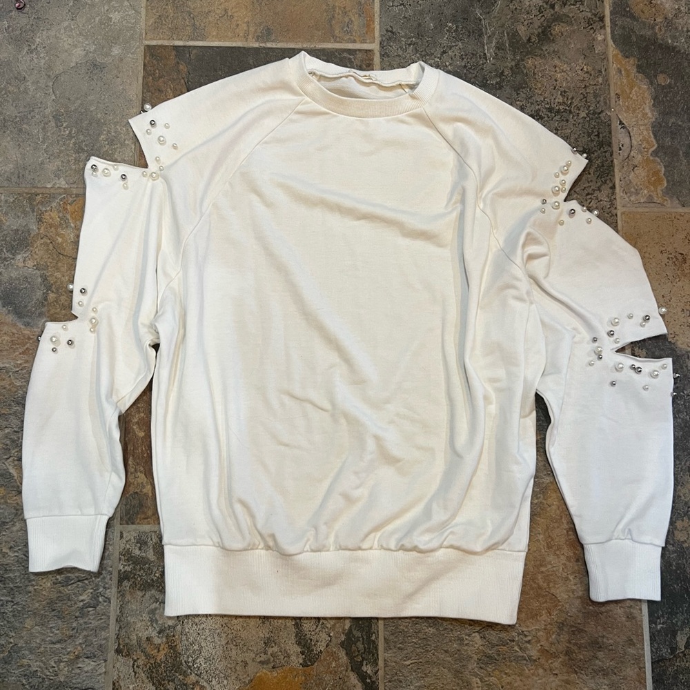 Unique Beaded Shirt with Studs on Cutout sleeves. Size Small.